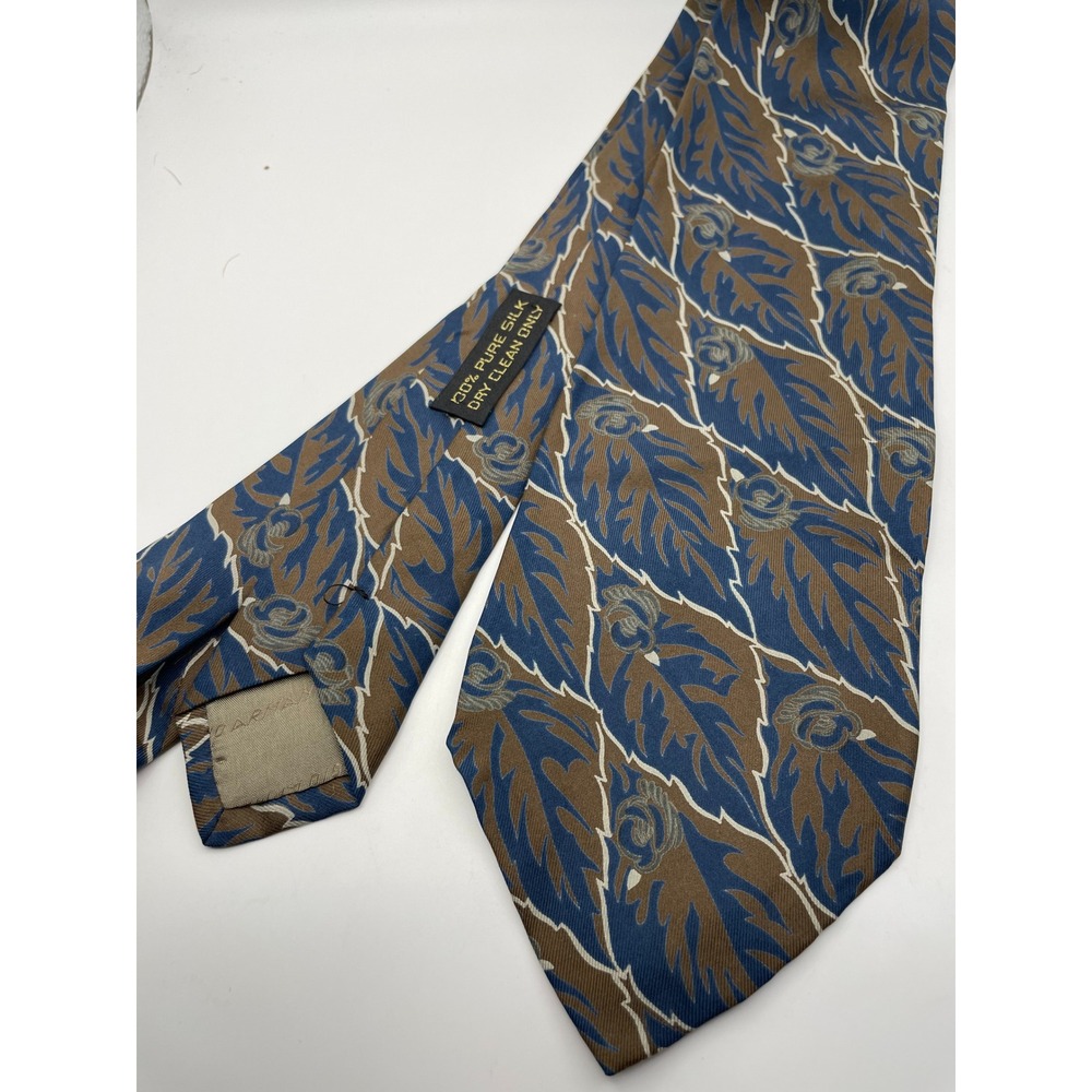 Giorgio Armani Cravatte Silk Tie Blue Brown Floral Leaf Made in Italy 3.75" Wide